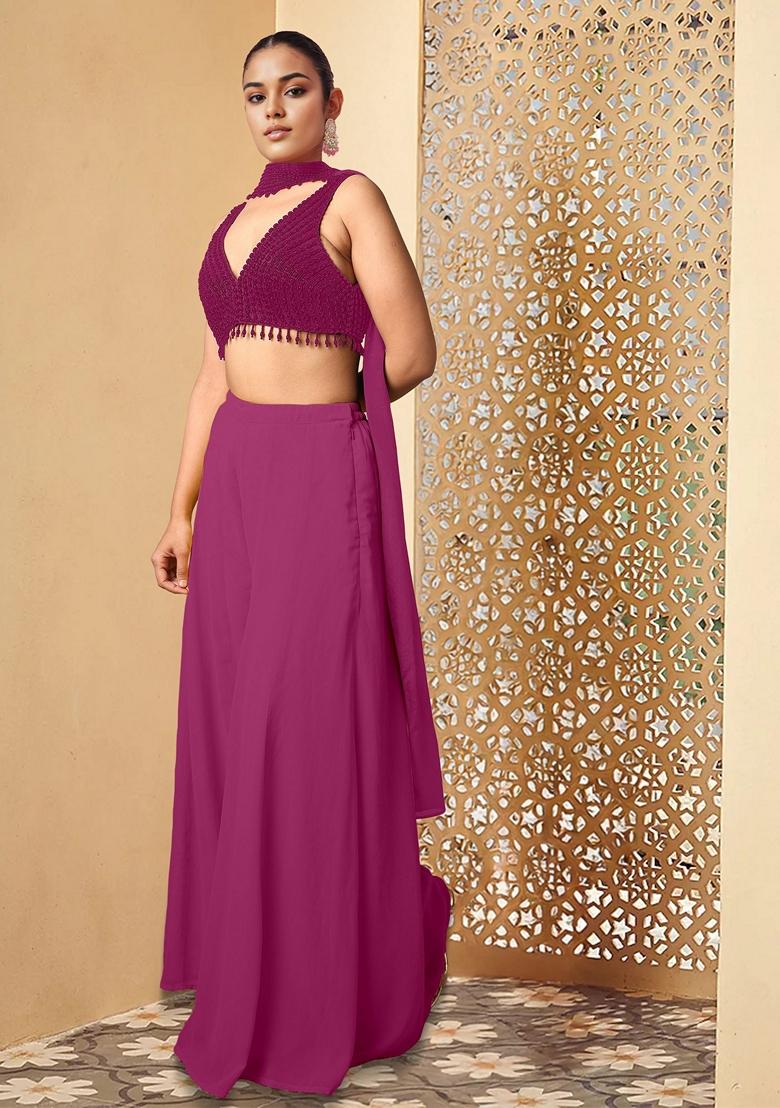 Purple Palazzo Set With Hand Embroidered Blouse And Dupatta