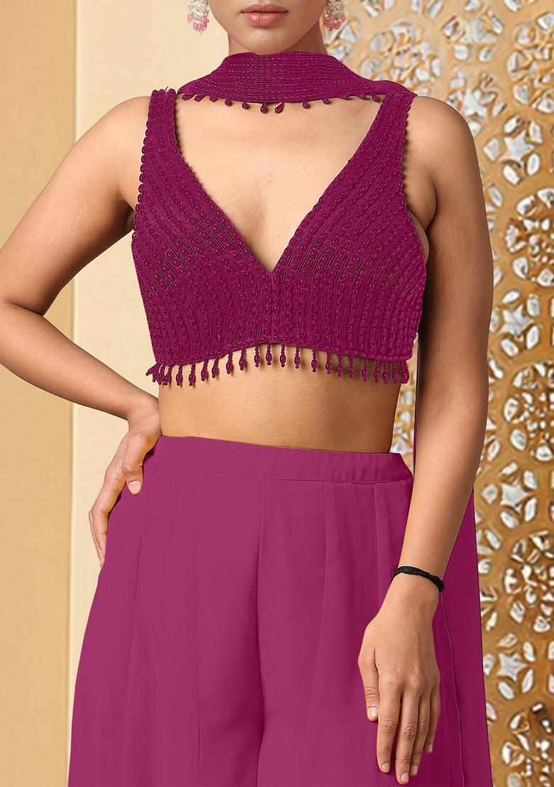 Purple Palazzo Set With Hand Embroidered Blouse And Dupatta