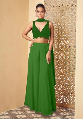 Green Palazzo Set With Hand Embroidered Blouse And Dupatta