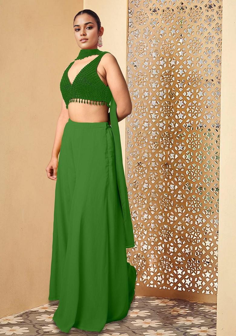 Green Palazzo Set With Hand Embroidered Blouse And Dupatta