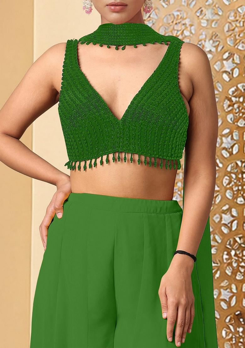 Green Palazzo Set With Hand Embroidered Blouse And Dupatta