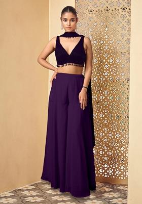 Purple Palazzo Set With Hand Embroidered Blouse And Dupatta
