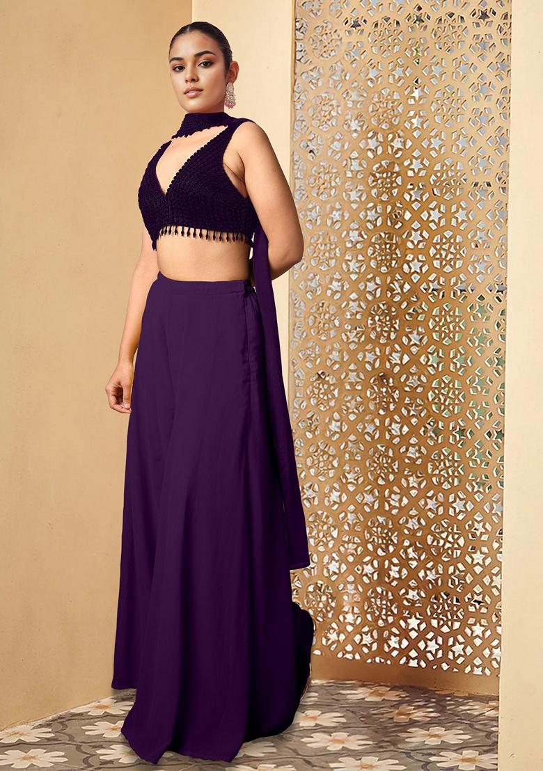 Purple Palazzo Set With Hand Embroidered Blouse And Dupatta