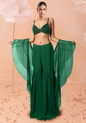 Green Sharara Set With Hand Embroidered Blouse And Dupatta