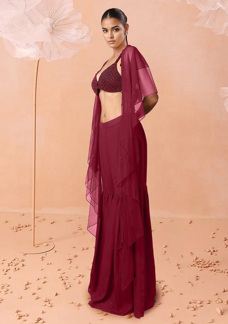 Maroon Sharara Set With Hand Embroidered Blouse And Dupatta