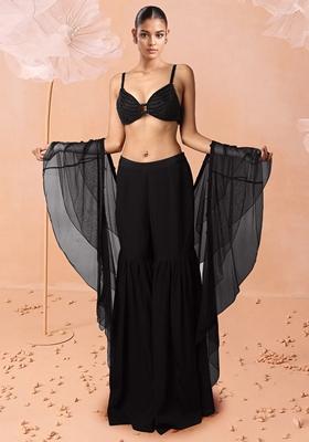 Black Sharara Set With Hand Embroidered Blouse And Dupatta