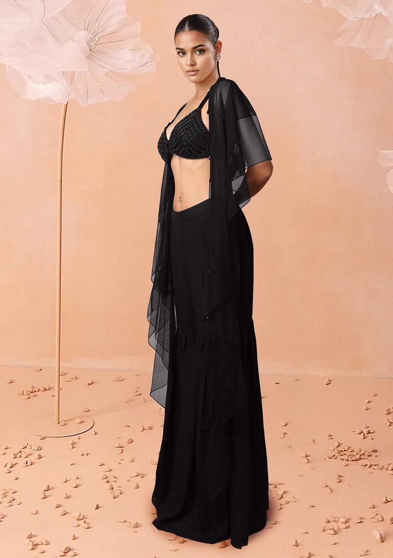 Black Sharara Set With Hand Embroidered Blouse And Dupatta