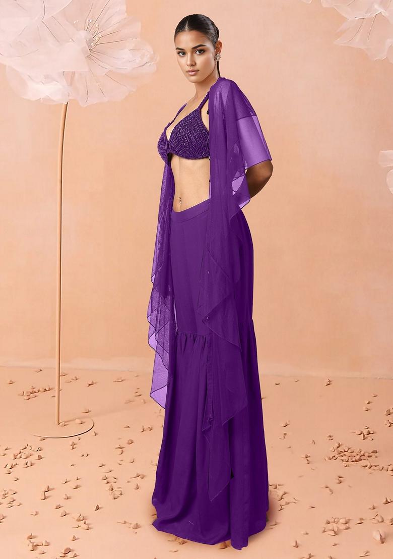 Purple Sharara Set With Hand Embroidered Blouse And Dupatta