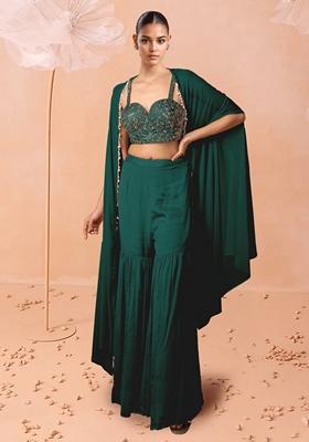 Green Sharara Set With Hand Embroidered Blouse And Jacket