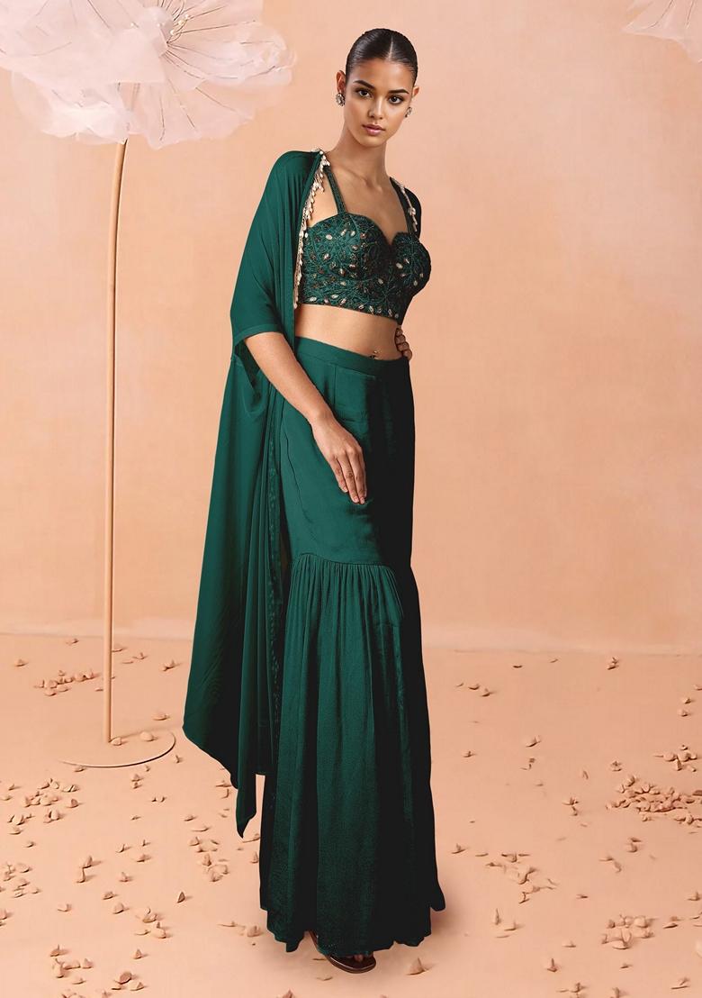 Green Sharara Set With Hand Embroidered Blouse And Jacket