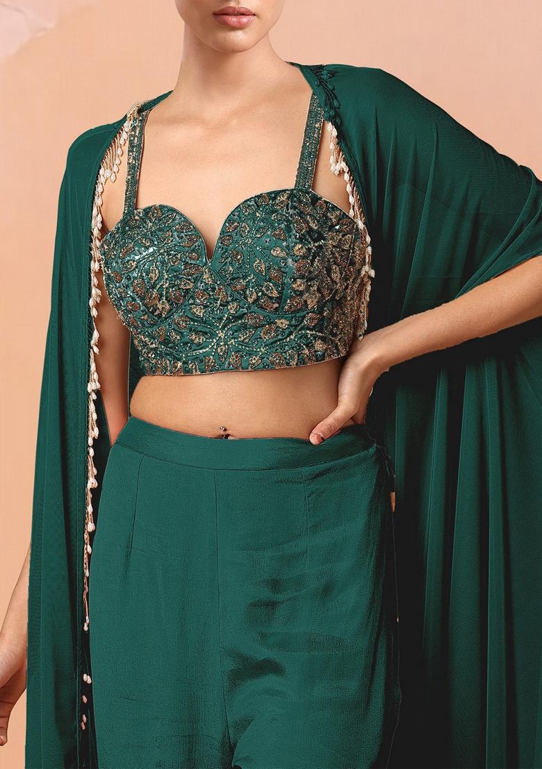 Green Sharara Set With Hand Embroidered Blouse And Jacket