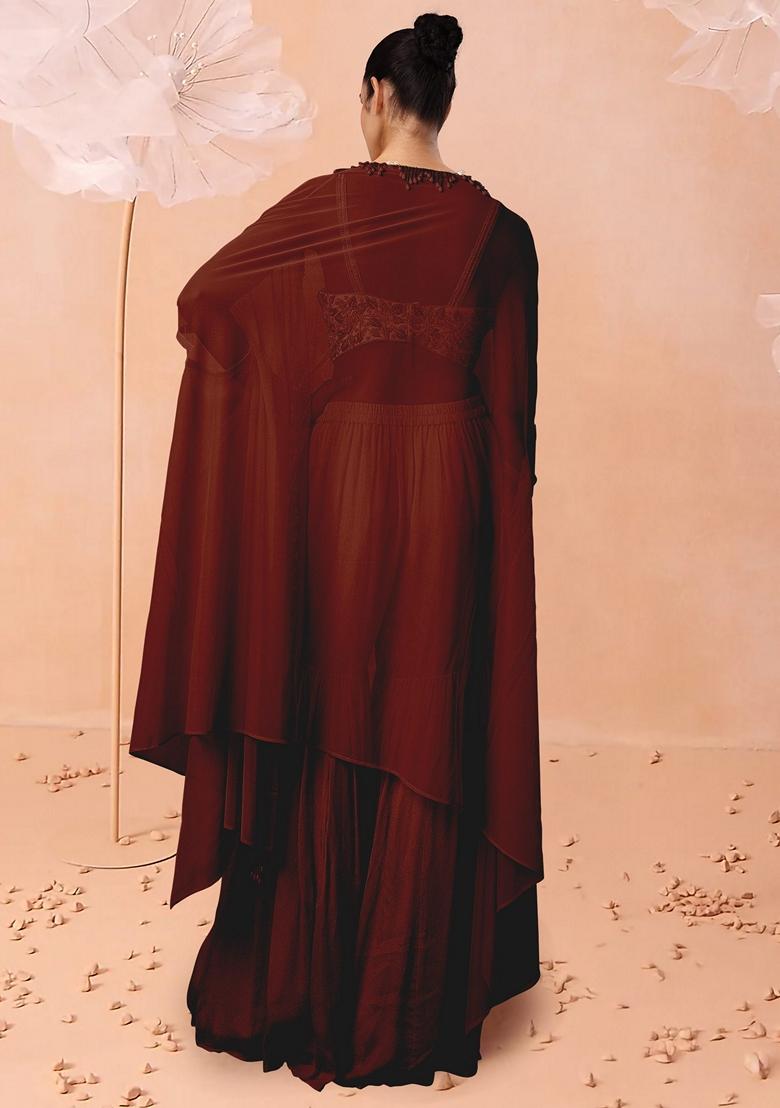 Maroon Sharara Set With Hand Embroidered Blouse And Jacket