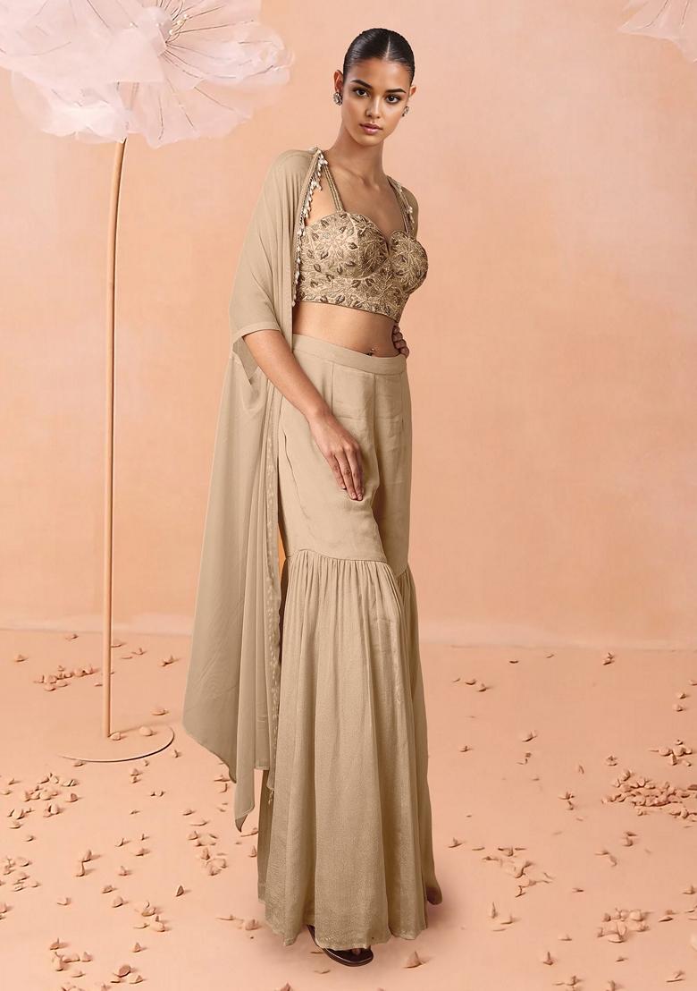 Beige Sharara Set With Hand Embroidered Blouse And Jacket