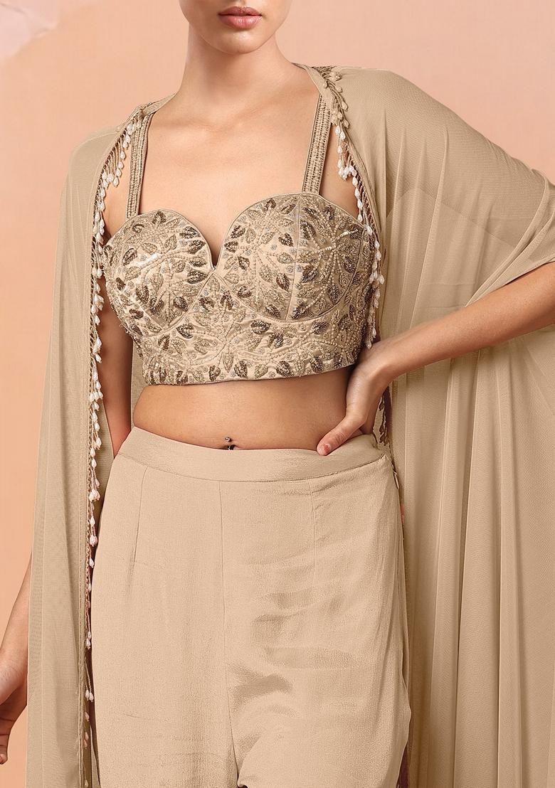 Beige Sharara Set With Hand Embroidered Blouse And Jacket
