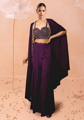 Purple Sharara Set With Hand Embroidered Blouse And Jacket