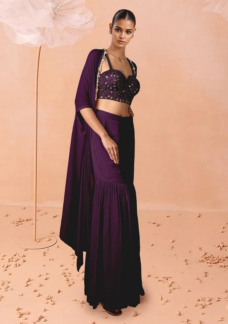 Purple Sharara Set With Hand Embroidered Blouse And Jacket