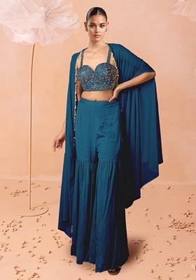 Blue Sharara Set With Hand Embroidered Blouse And Jacket
