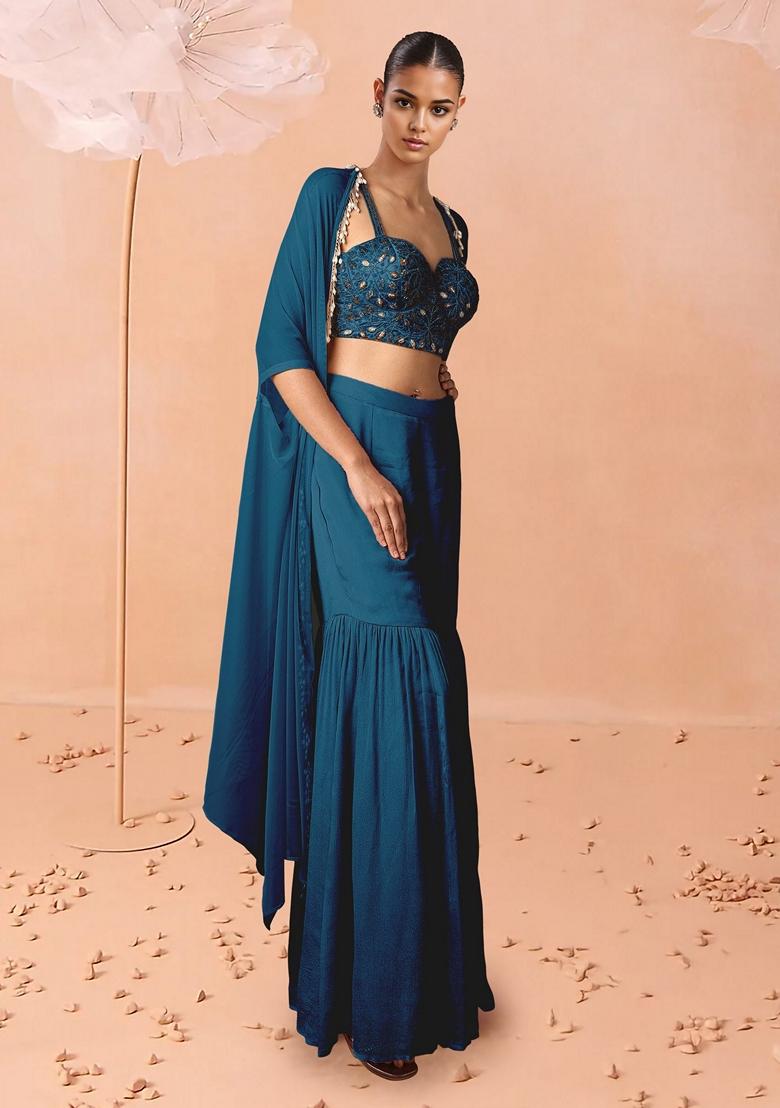 Blue Sharara Set With Hand Embroidered Blouse And Jacket