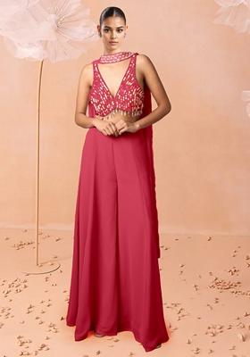 Pink Palazzo Set With Hand Embroidered Blouse And Dupatta