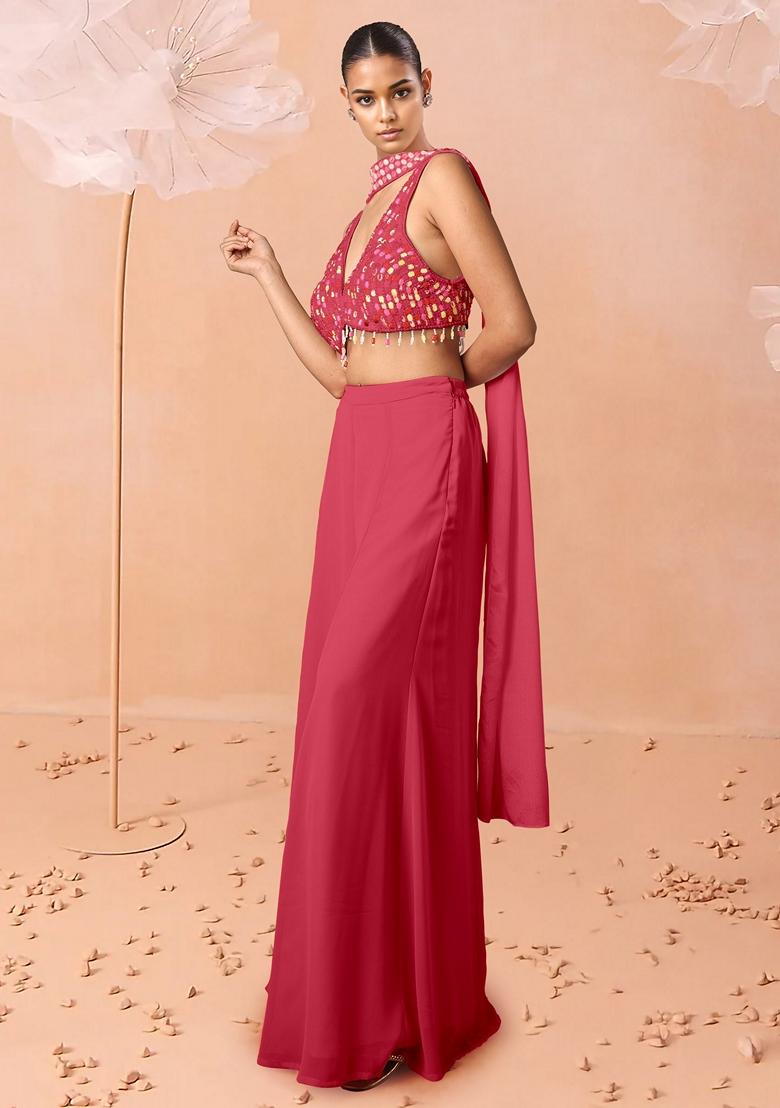 Pink Palazzo Set With Hand Embroidered Blouse And Dupatta