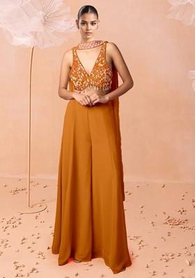 Yellow Palazzo Set With Hand Embroidered Blouse And Dupatta