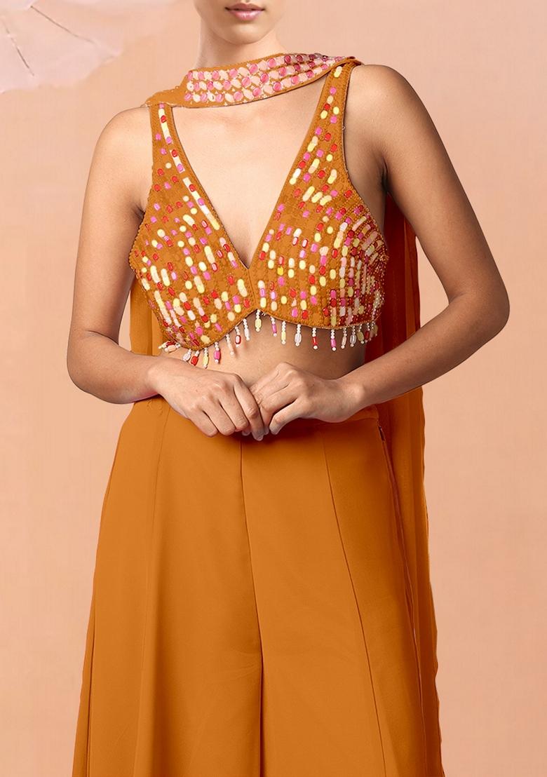 Yellow Palazzo Set With Hand Embroidered Blouse And Dupatta