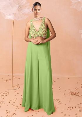 Green Palazzo Set With Hand Embroidered Blouse And Dupatta