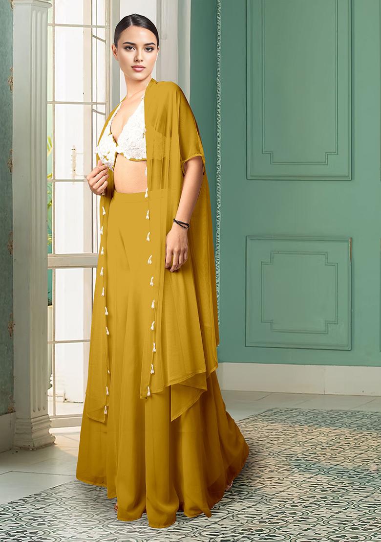 Yellow Jacket Set With Hand Embroidered Blouse And Palazzo