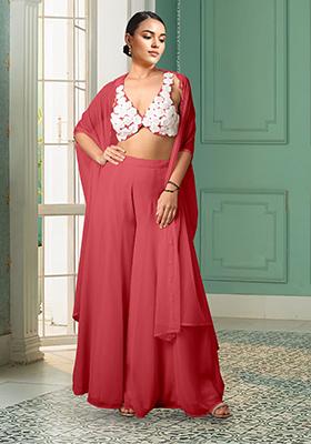 Red Jacket Set With Hand Embroidered Blouse And Palazzo