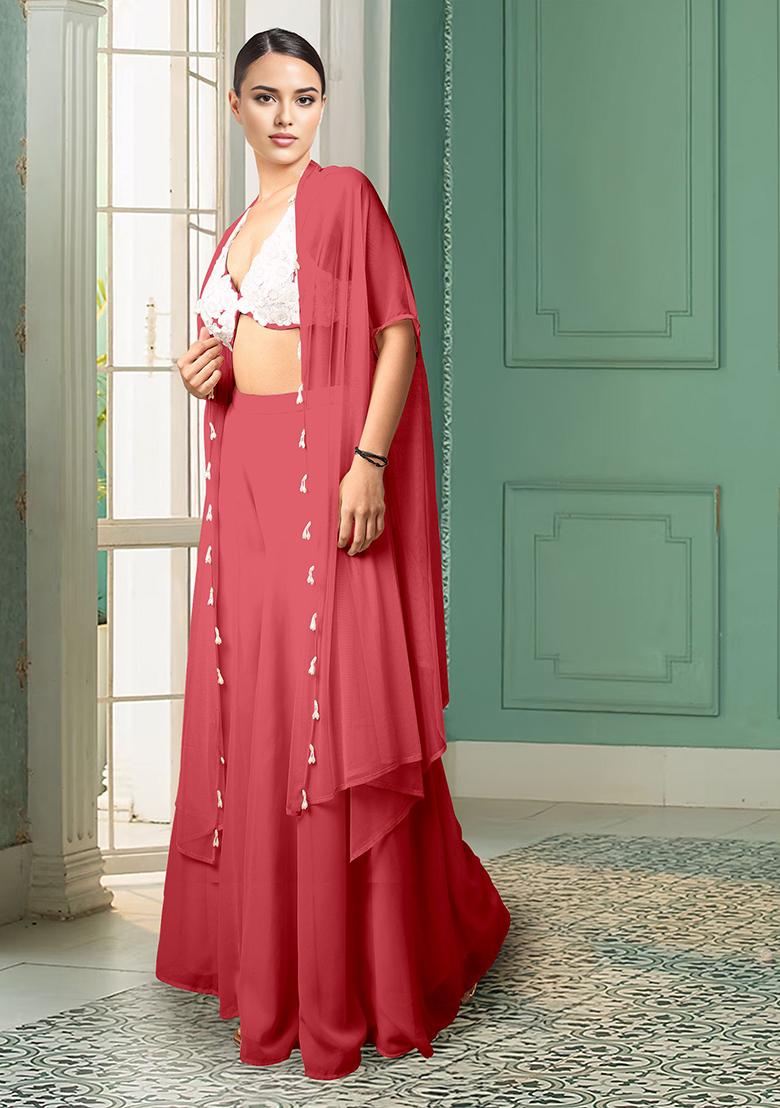 Red Jacket Set With Hand Embroidered Blouse And Palazzo