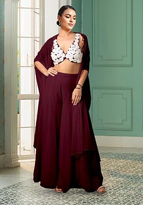 Purple Jacket Set With Hand Embroidered Blouse And Palazzo