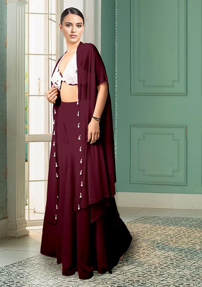 Purple Jacket Set With Hand Embroidered Blouse And Palazzo