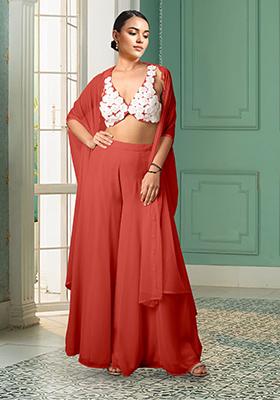 Red Jacket Set With Hand Embroidered Blouse And Palazzo
