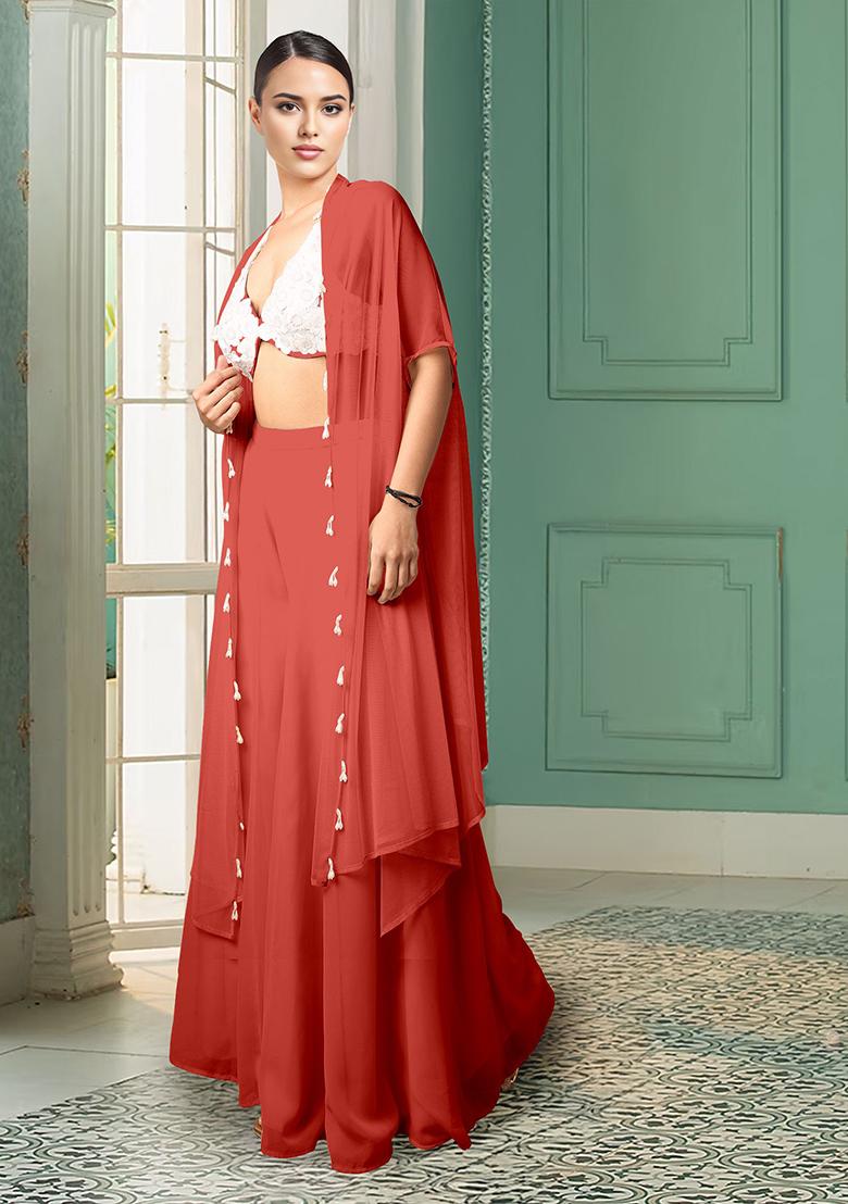 Red Jacket Set With Hand Embroidered Blouse And Palazzo