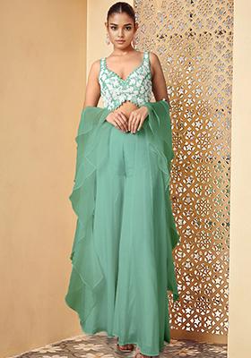 Green Palazzo Set With Hand Embroidered Blouse And Dupatta