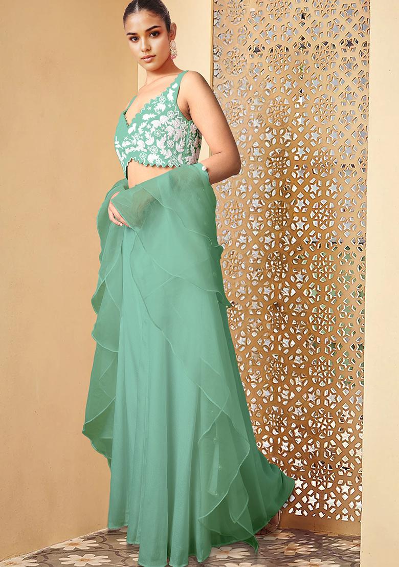 Green Palazzo Set With Hand Embroidered Blouse And Dupatta