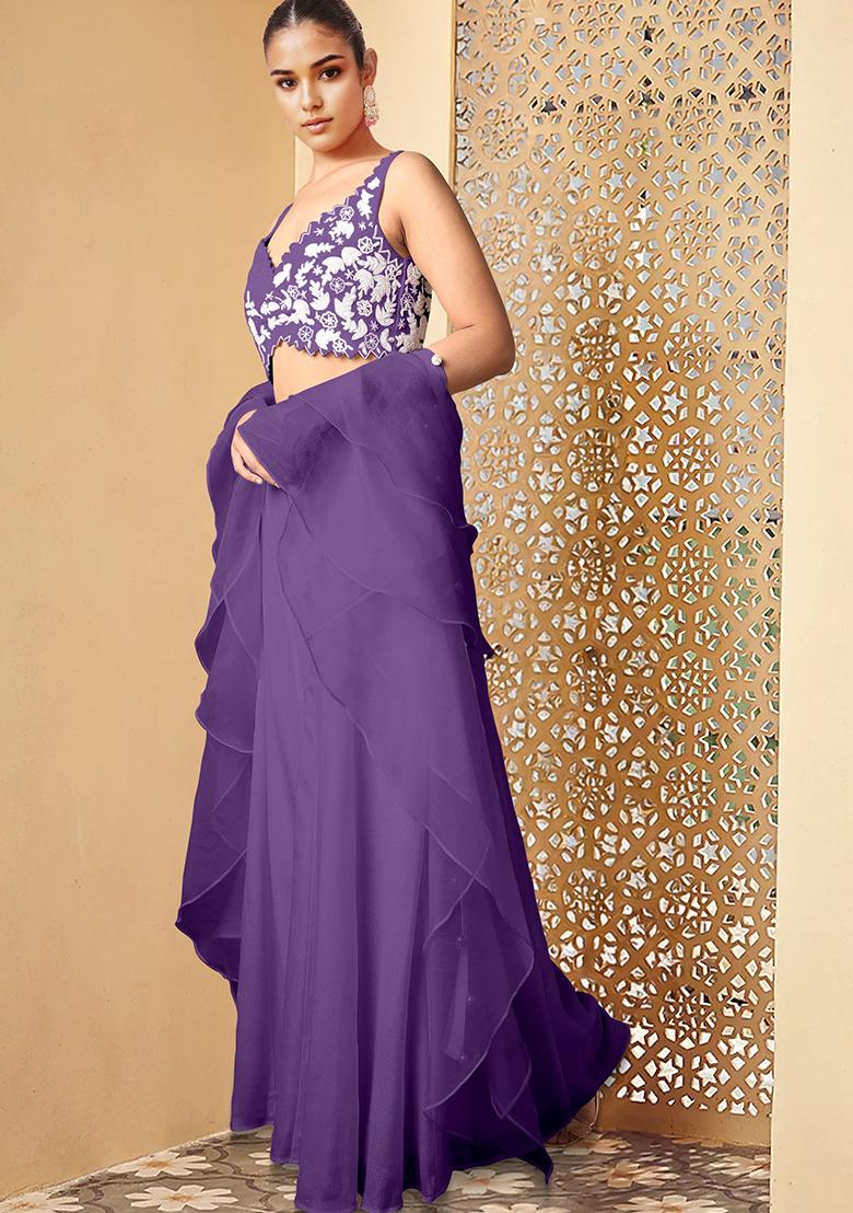 Purple Palazzo Set With Hand Embroidered Blouse And Dupatta