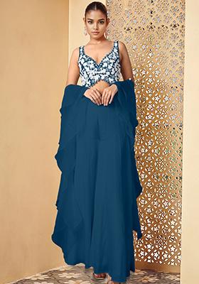 Blue Palazzo Set With Hand Embroidered Blouse And Dupatta