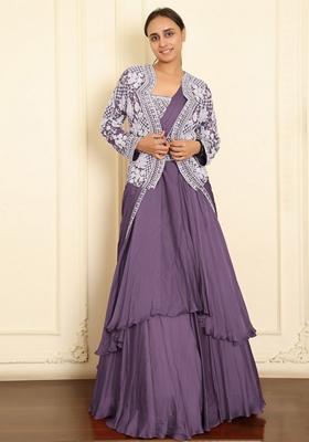 Lilac Skirt Set With Hand Embroidered Blouse And Jacket
