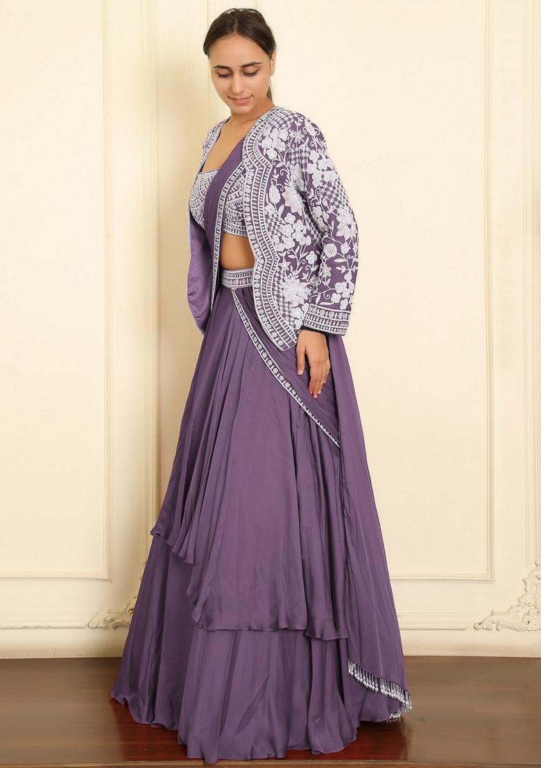 Lilac Skirt Set With Hand Embroidered Blouse And Jacket