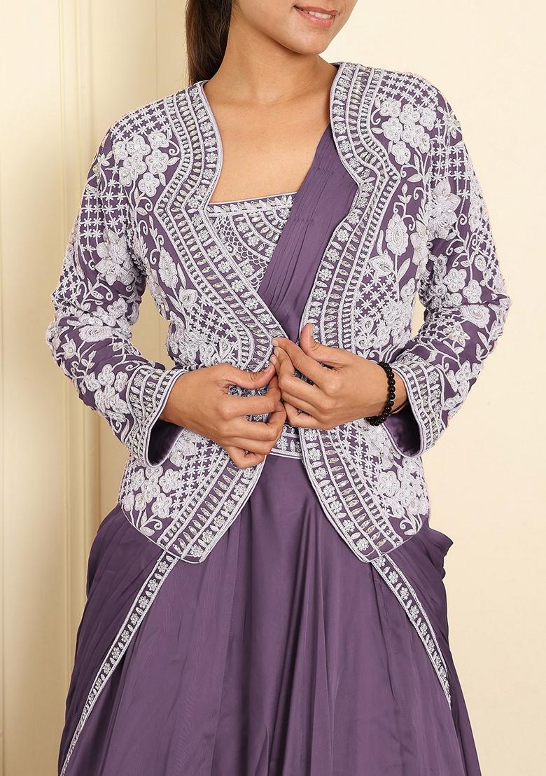 Lilac Skirt Set With Hand Embroidered Blouse And Jacket