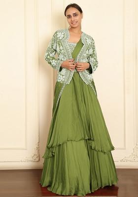 Green Skirt Set With Hand Embroidered Blouse And Jacket