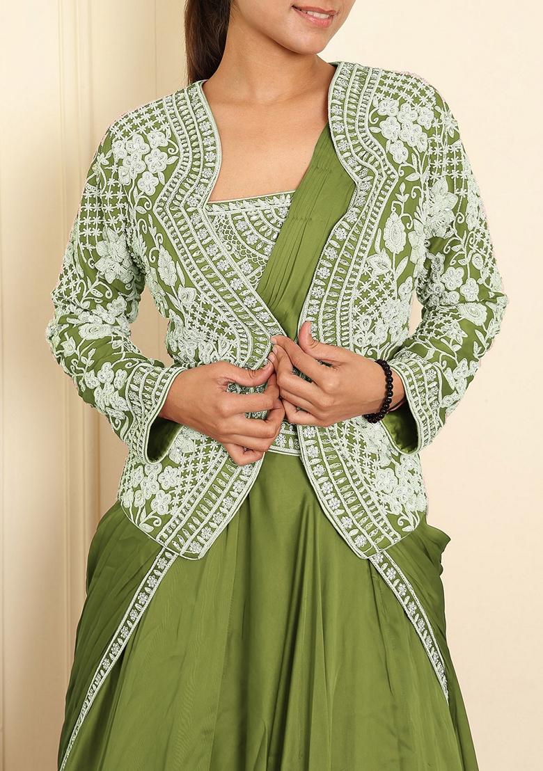Green Skirt Set With Hand Embroidered Blouse And Jacket
