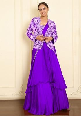 Purple Skirt Set With Hand Embroidered Blouse And Jacket