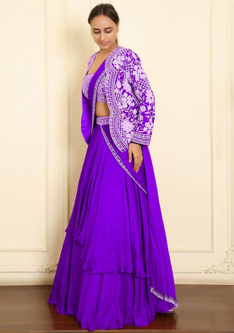 Purple Skirt Set With Hand Embroidered Blouse And Jacket
