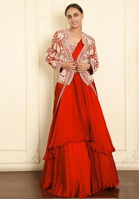 Red Skirt Set With Hand Embroidered Blouse And Jacket