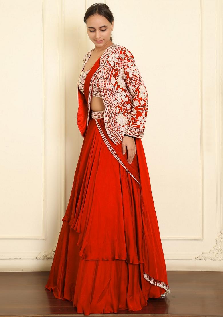Red Skirt Set With Hand Embroidered Blouse And Jacket