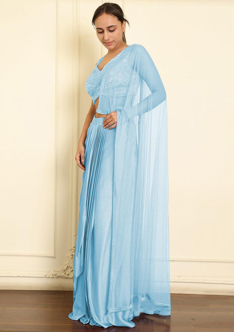 Blue Skirt Set With Hand Embroidered Blouse