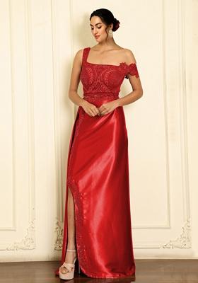 Red Skirt Set With Hand Embroidered Blouse