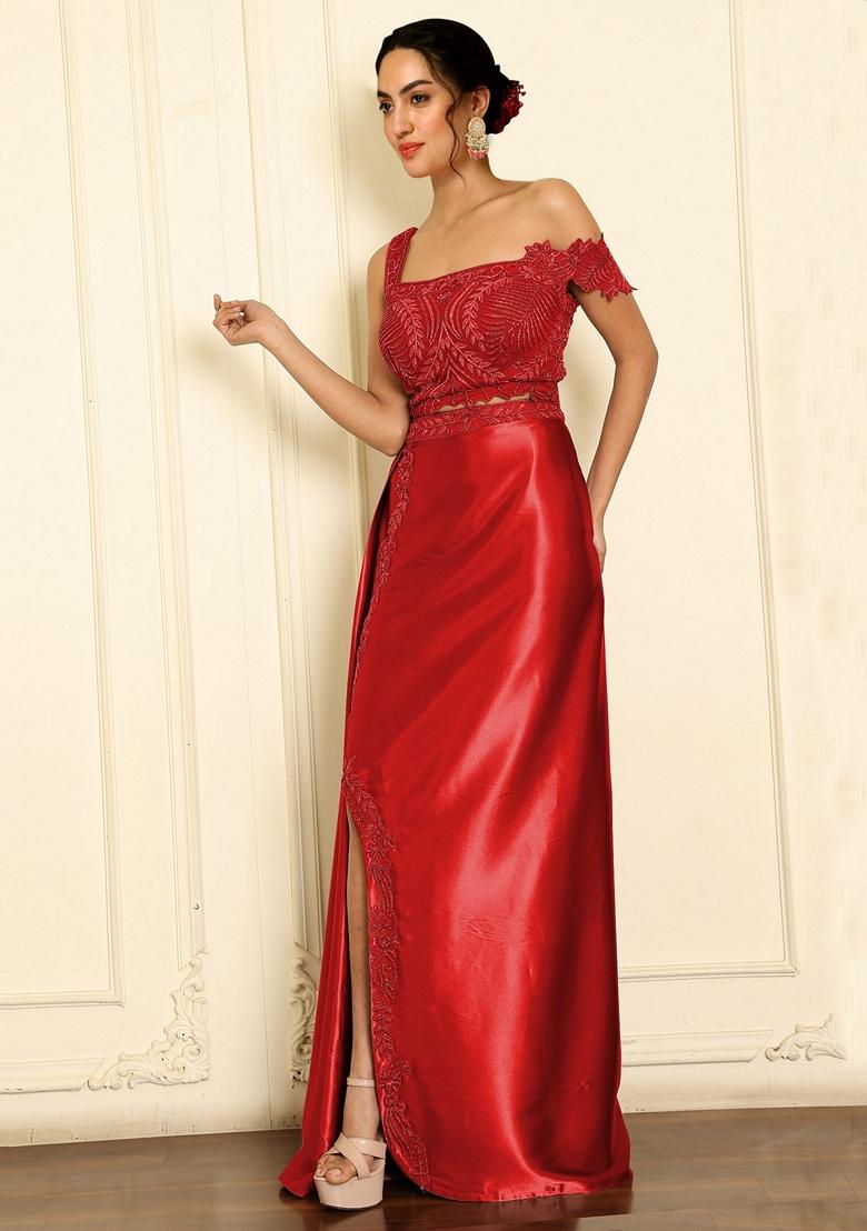 Red Skirt Set With Hand Embroidered Blouse